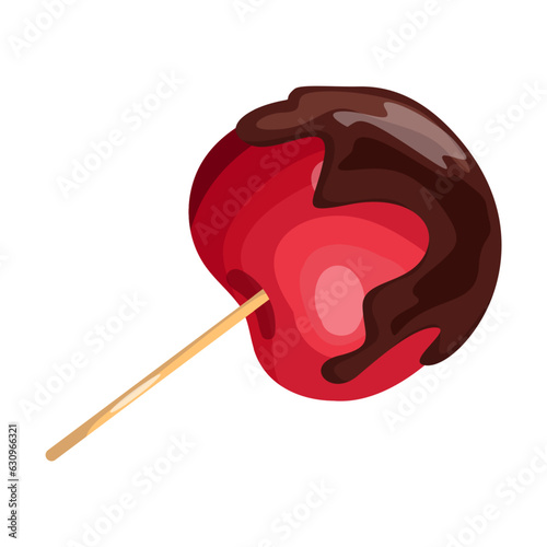 Chocolate dipped cherry on stick vector illustration. Drawing of berry with chocolate, snack on stick isolated on white background. Dessert, food, confectionery concept