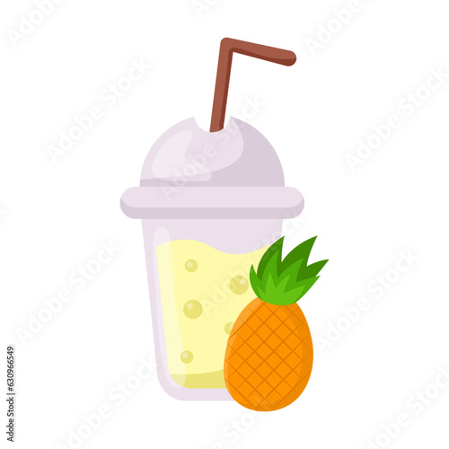 Refreshing ripe pineapple drink vector illustration. Cartoon drawing of plastic cup with juice or lemonade and fruit. Fruit, refreshment, summer concept