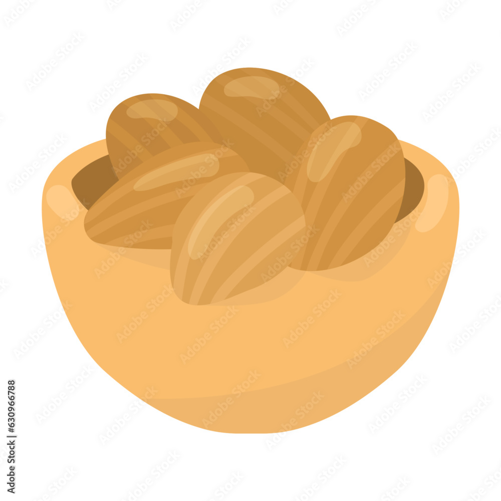Shelled almond seeds in bowl vector illustration. Cartoon drawing of fresh ingredient for cooking oil isolated on white background. Organic food, nutrition, diet, culinary concept Shelled almond seeds in bowl vector illustration. Cartoon drawing of fresh ingredient for cooking oil isolated on white background. Organic food, nutrition, diet, culinary concept