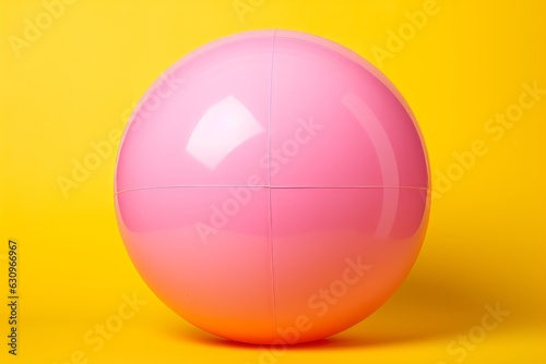 Pink Beach Ball On An Isolated Yellow Background, Generative AI