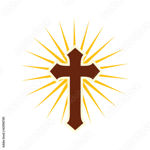Christian Holy Cross With Sun Rays Icon. Cross Starburst Circle Retro Vintage Religious Symbol