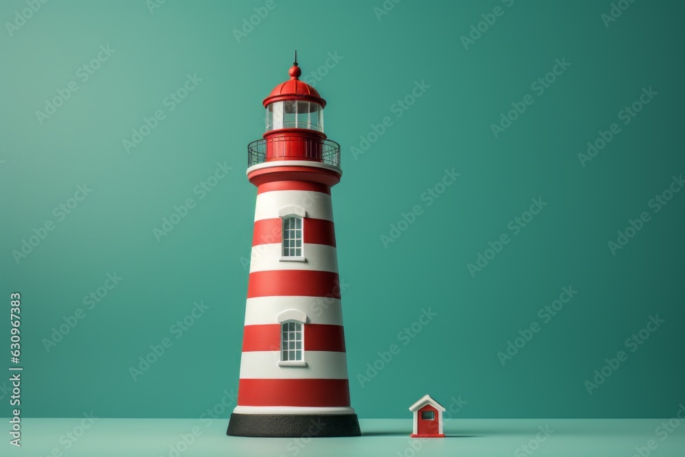 Red And White Lighthouse On An Isolated Green Background, Generative AI Red And White Lighthouse On An Isolated Green Background, Generative AI