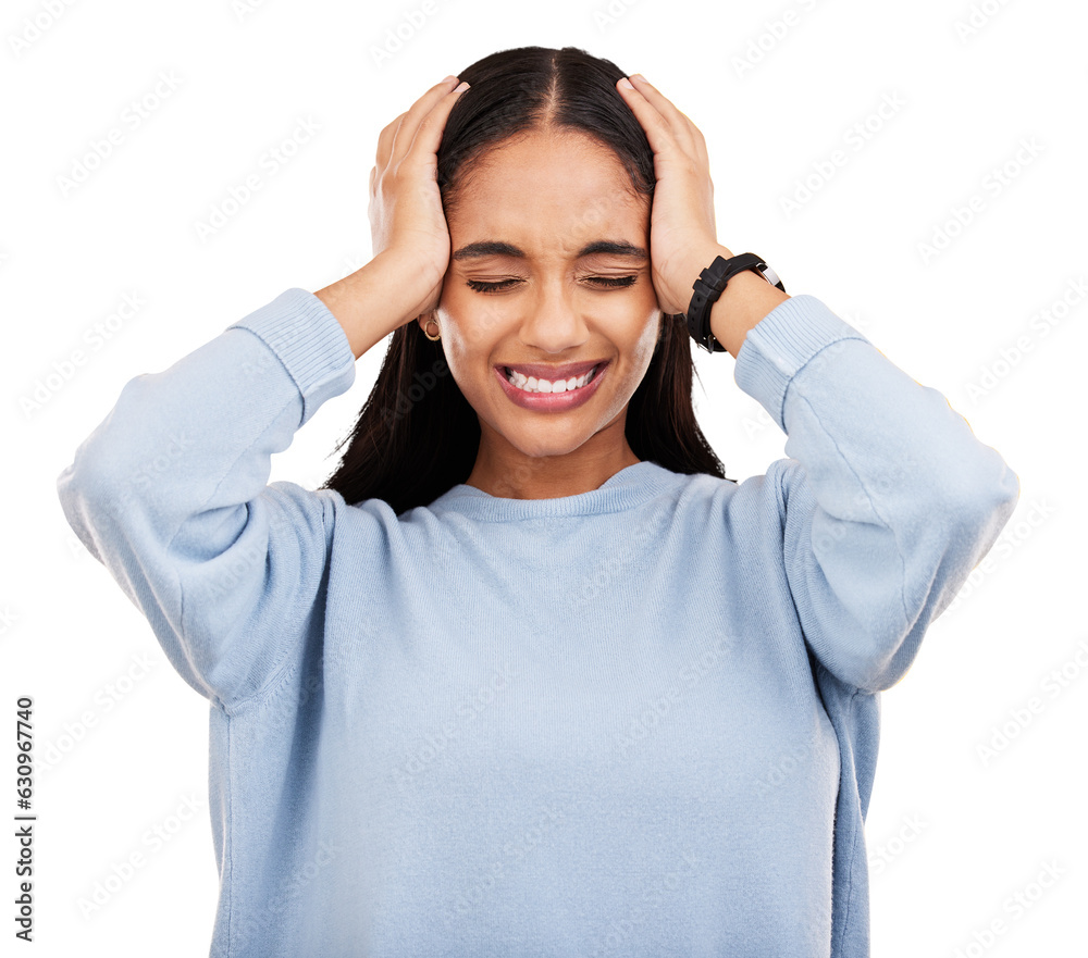 Stress, frustrated and woman with headache pain isolated in a transparent or png background with anxiety or depression. Angry, migraine and young female person with tension, strain and fatigue Stress, frustrated and woman with headache pain isolated in a transparent or png background with anxiety or depression. Angry, migraine and young female person with tension, strain and fatigue