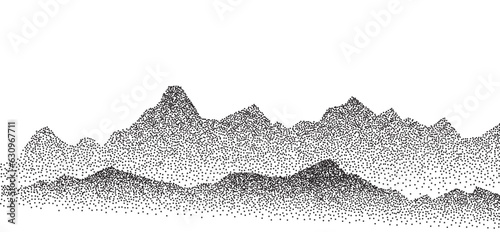 Dotwork mountain grain pattern. Dotted noise, grunge texsture landscape and terrain. Stippled gradient mountains. Grainy hill in dotwork style. Noisy stochastic background Pointillism textured drawing