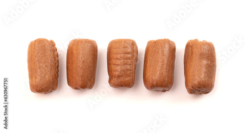 Freeze Dried Brown Chocolate Candy Rolls on a White Background photo