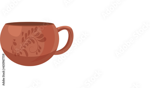 Brown ceramic teacup with ornament vector illustration. Cartoon drawing of cup isolated on white background. Kitchenware, pottery, teatime concept