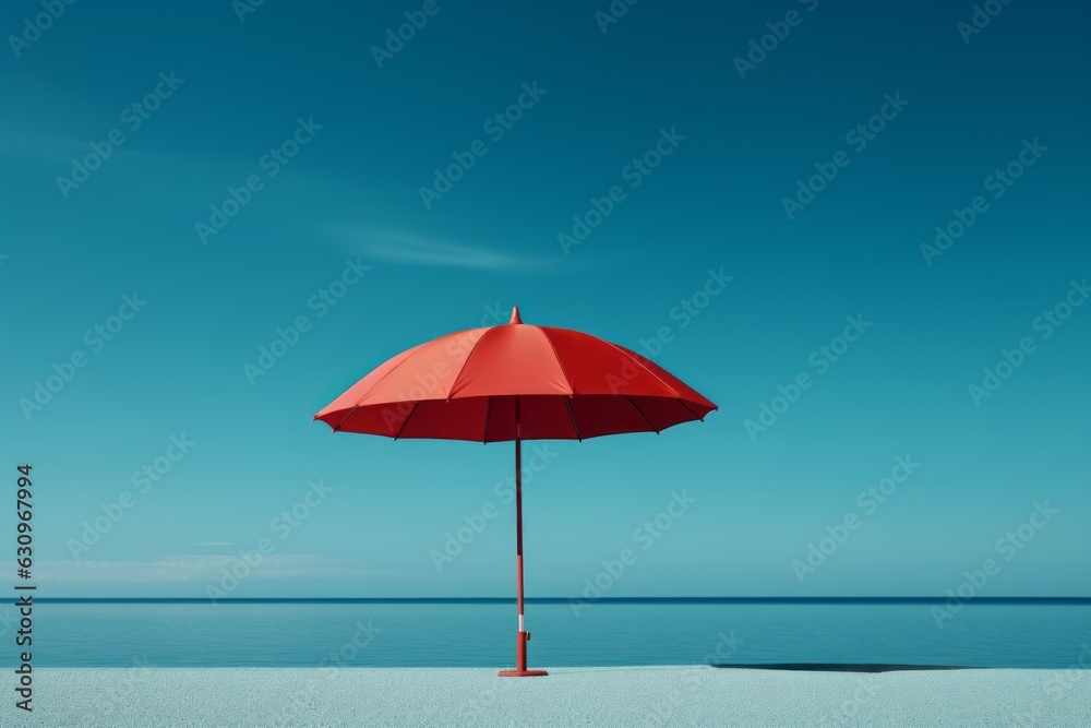 Red Beach Umbrella On An Isolated Blue Background, Generative AI