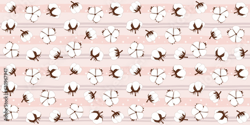 Fototapeta Naklejka Na Ścianę i Meble -  Abstract cotton flowers on a light pink striped background. Floral endless texture with cute white flowers. Vector seamless pattern for wrapping paper, giftwrap, surface texture or printing on clothes