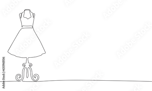 One line continuous dress on a mannequin. Line art of fashion concept banner. Outline vector illustration.