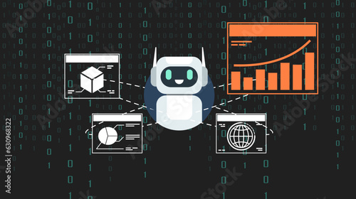 Chatbot assistant application on digital background. Artificial intelligence help service for management business data. Chat bot by ai. Vector illustration flat design for banner, and background.