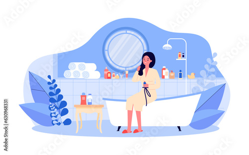 Woman washing hair in bathroom vector illustration. Girl sitting on bathtub, using shampoo, conditioner or soap, other toiletries and towels on shelf. Hygiene procedures, beauty routine concept