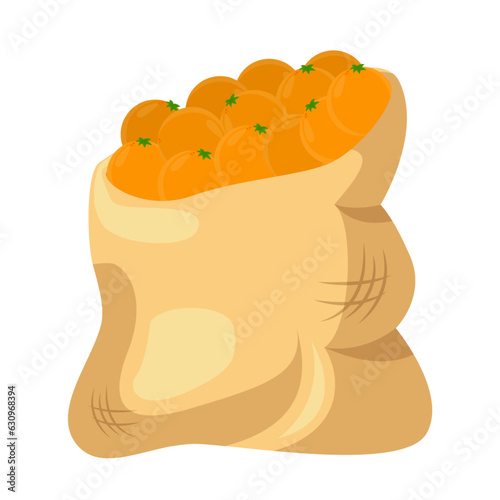 Bag full of tangerines or oranges vector illustration. Cartoon drawing of sack with citruses or mandarins isolated on white background. Organic food, fruit, nutrition concept