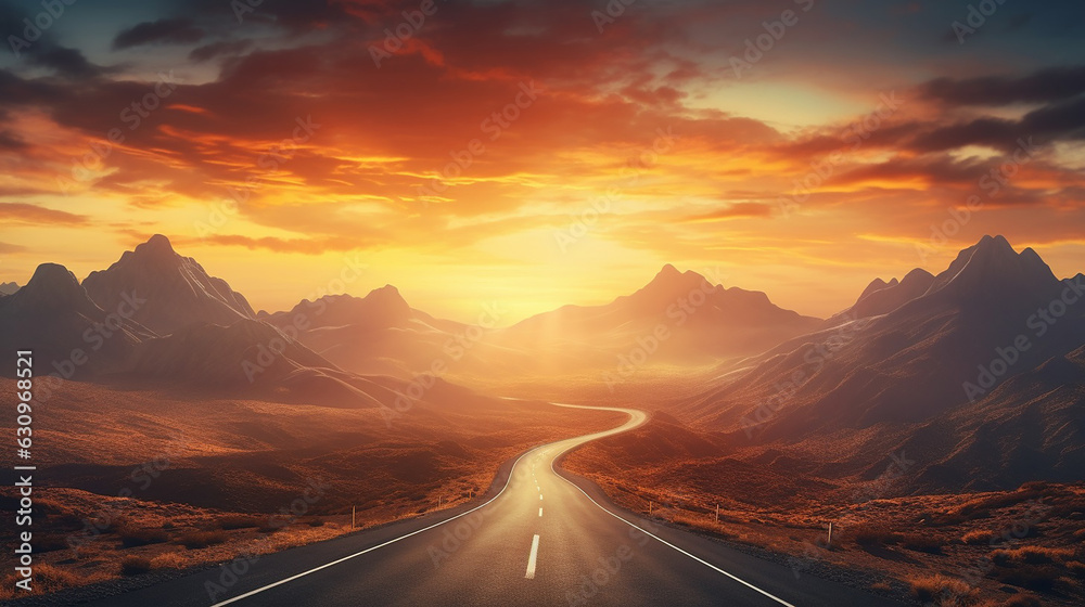 empty road surrounded by mountains with sunset