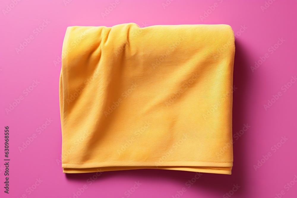 Yellow Beach Towel On An Isolated Pink Background, Generative AI Yellow Beach Towel On An Isolated Pink Background, Generative AI