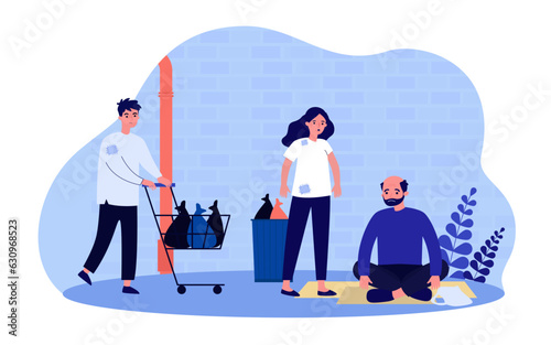 Homeless people with trash bags in cart vector illustration. Cartoon drawing of poor woman and men in old clothes with no food or money. Poverty, hunger, crisis concept