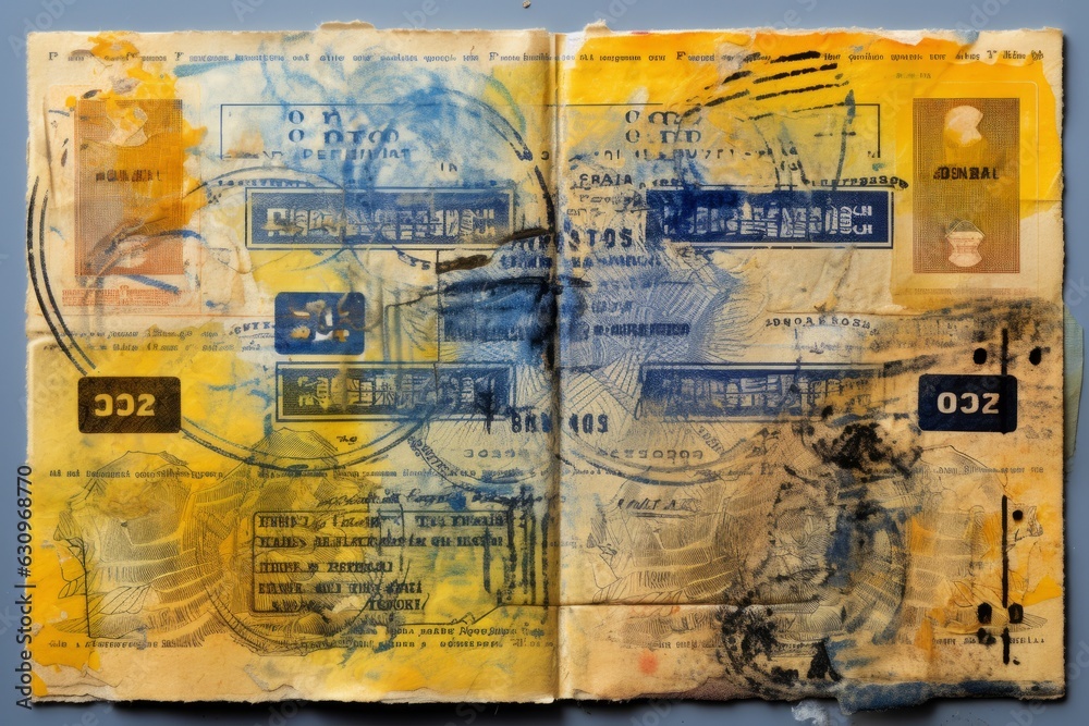 Yellow Passport With Travel Stamp On An Isolated Blue Background, Generative AI