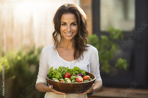 Smiling Woman Holding a Bowl of Fresh Salad Ingredients