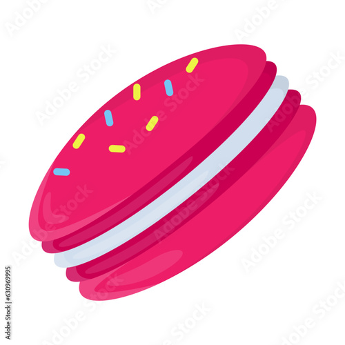Red macaroon cookie with sprinkles vector illustration. Cartoon drawing of tasty snack isolated on white background. Food, desserts, bakery concept