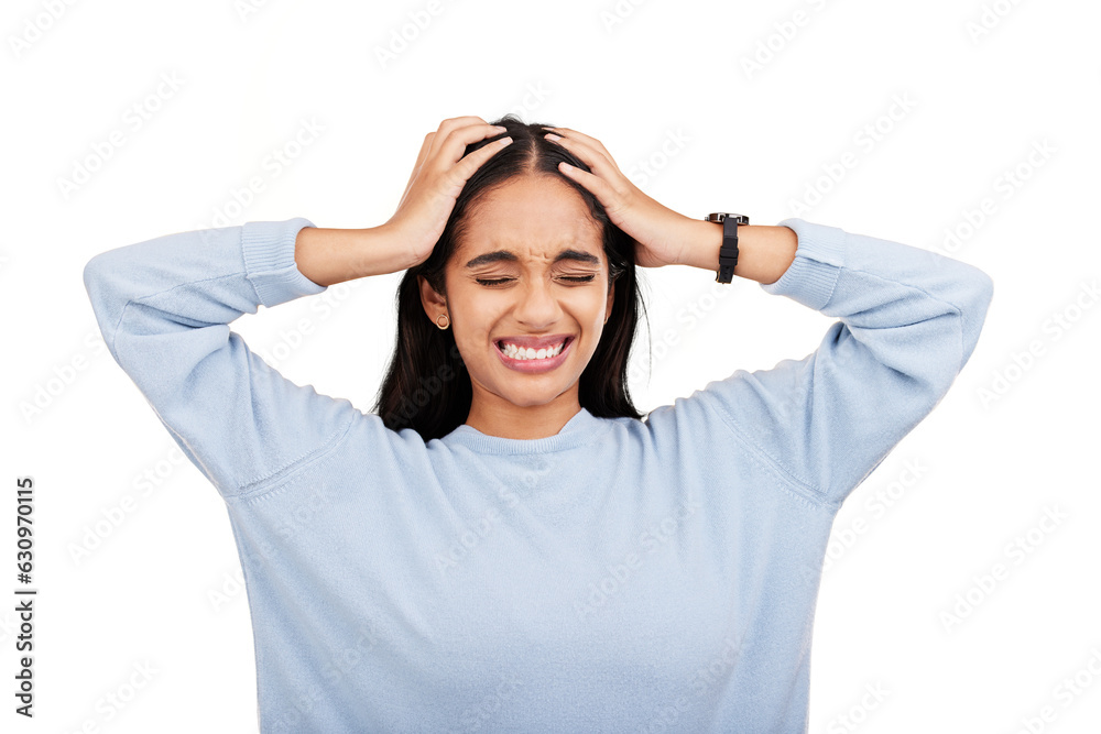 Angry, frustrated and woman with headache pain isolated in a transparent or png background with anxiety or depression. Stress, migraine and young female person with tension, strain and fatigue Angry, frustrated and woman with headache pain isolated in a transparent or png background with anxiety or depression. Stress, migraine and young female person with tension, strain and fatigue