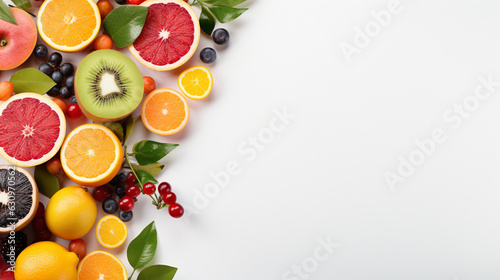 Fresh organic fruits lineup isolated on background, copy space