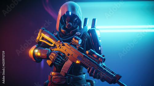 Sci-fi gaming character in futuristic suit aiming weapon,shooting gun,illustration, game