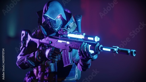 Sci-fi gaming character in futuristic suit aiming weapon,shooting gun,illustration, game