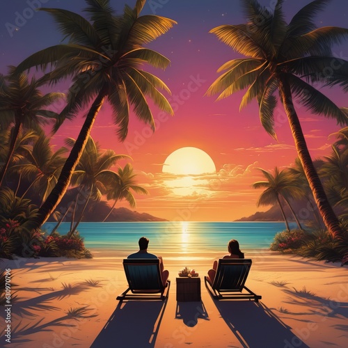 Family sunbathe in sun loungers on tropical beach