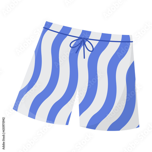 Blue and white swimming trunks for men or boys illustration. Cartoon drawing of blue and white shorts for beach holiday isolated on white background. Swimwear, fashion, summer, vacation concept