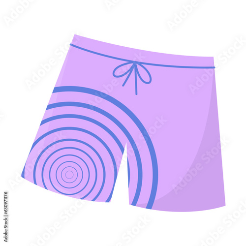Purple swimming trunks for men or boys vector illustration. Cartoon drawing of purple shorts for beach holiday isolated on white background. Swimwear, fashion, summer, vacation concept