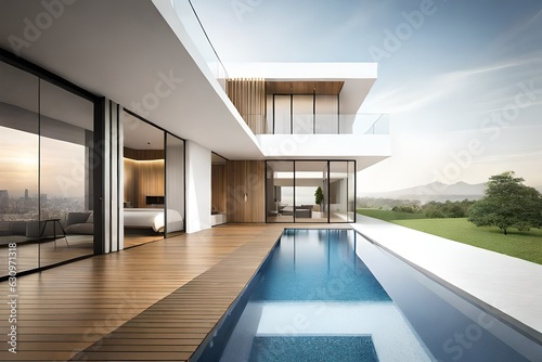 Architecture 3d rendering illustration of modern minimal house on white background.AI generated © Ammad