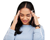 Stress, frustrated and person with headache pain isolated in a transparent or png background with anxiety or depression. Angry, migraine and tired young woman with tension, strain and fatigue