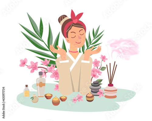 Woman enjoying relaxing fragrant scent vector illustration. Essential oils, aroma diffusers, candle and flowers helping people relax. Aromatherapy, health care, mental peace concept