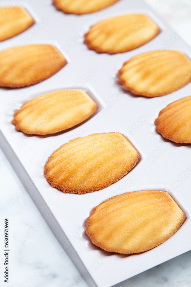 Classic French Madeleines, mini sponge cake baked in scallop mold