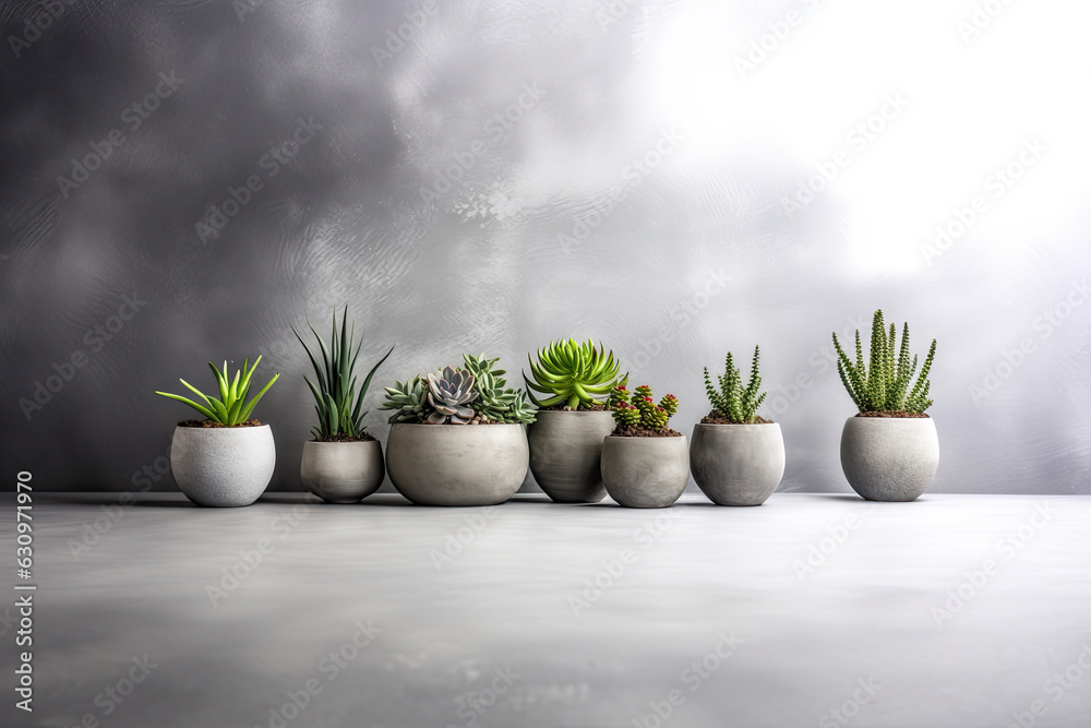 succulents in pots on a grey concrete background, in the style of minimalist abstracts. minimalist background with various succulents on a painted white wooden desk, recycled, copyspace succulents in pots on a grey concrete background, in the style of minimalist abstracts. minimalist background with various succulents on a painted white wooden desk, recycled, copyspace