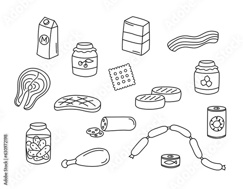 Grocery, preserves, semi finished, ready made and meat products vector doodles set. Food elements isolated black on white background. Hand drawn outline illustration of canned goods, sausages, beef