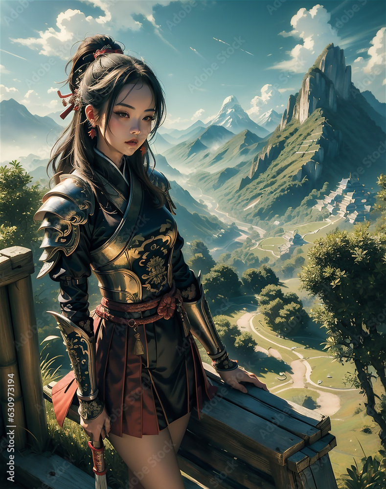 Portrait of a fantasy female warrior and wearing armor, equipped with a sword. 