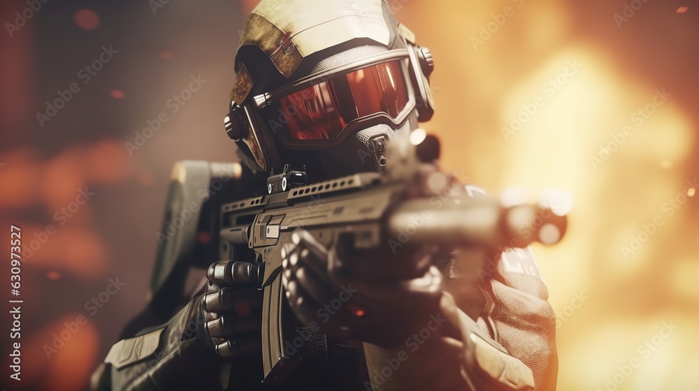 Sci-fi gaming character in futuristic suit aiming weapon,shooting gun,illustration, game Sci-fi gaming character in futuristic suit aiming weapon,shooting gun,illustration, game