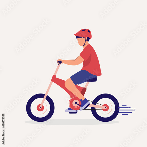 Side View Of A Little Boy With Cycling Helmet Riding A Foldable Electric Bike. Full Length. Flat Design Style, Character, Cartoon.