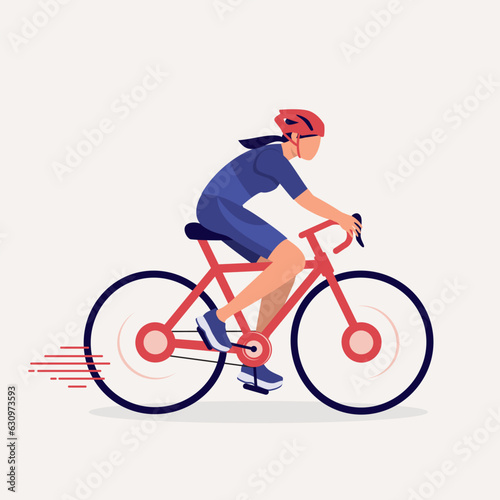 Side View Of A Young Professional Female Cyclist With Cycling Jersey And Helmet Riding A Racing Bicycle. Full Length. Flat Design Style, Character, Cartoon.