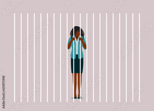One Sad Black Businesswoman With Head Facing Down Standing Inside Prison Jail. Full Length. Flat Design Style, Character, Cartoon.