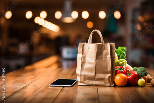 Grocery shopping app and grocery bag full of goods: online grocery shopping and home delivery concept.generative ai