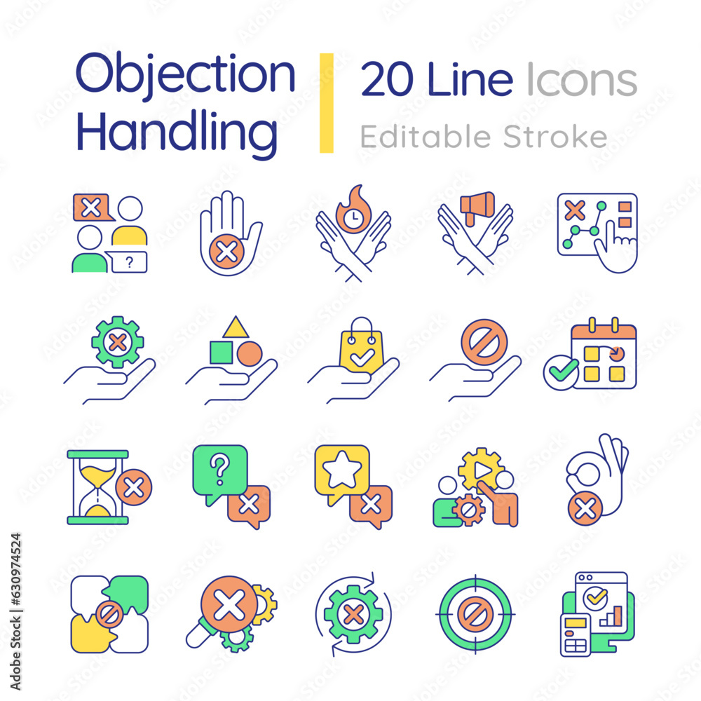 Fototapeta premium Objection handling RGB color icons set. Negotiation strategy. Sales technique. Selling process. Isolated vector illustrations. Simple filled line drawings collection. Editable stroke