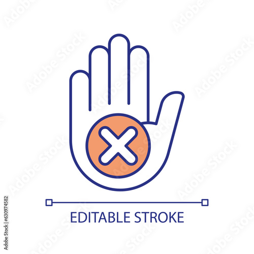 Stop hand sign RGB color icon. Stop gesture. No touching. No entry. Denied access. Not approved. Restricted area. Isolated vector illustration. Simple filled line drawing. Editable stroke