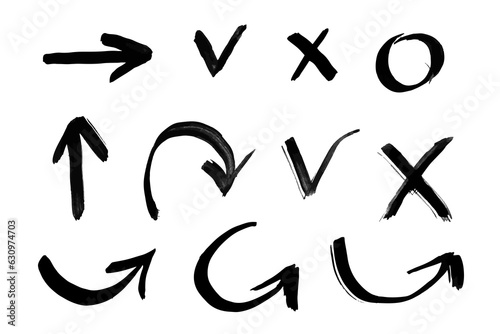 Grunge vector arrows. Set of different grunge brush arrows, pointers. Hand drawn paint strokes. Vector illustration.