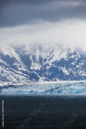 Cruise to Hubbard Glacier Bay in Alaska with floating ice bergs and drift ice floes on ocean water surface surrounded by snow cap mountains and wildlife wild nature scenery Last Frontier adventure