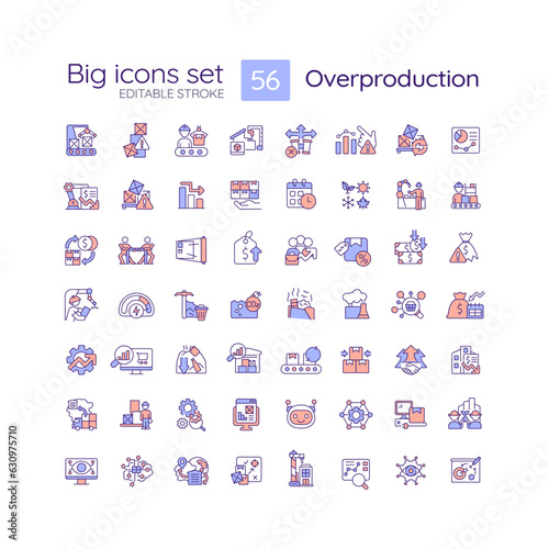 2D editable big line icons set representing overproduction, isolated vector, multicolor linear illustration.