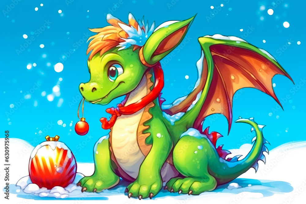 Naklejka premium Illustration of a cheerful dragon in a New Year's red cap with a gift. 