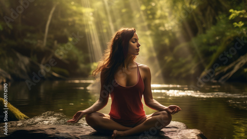 Woman meditates in peace in the outdoors. Serene quiet by a stream. Yoga by a lake