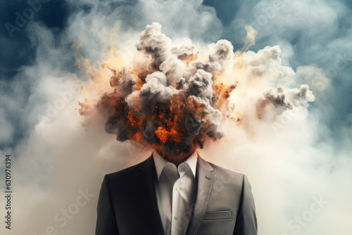 A businessman's head explodes from brain overload, chaos and brainstorming. Generative AI.
