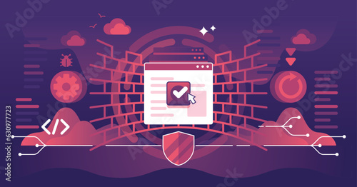 Application security and guard wall for privacy protection from info leakage outline concept. Digital app safety with secured password and data storage vector illustration. Strong network passcode.